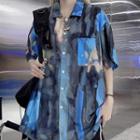 Elbow-sleeve Tie Dye Shirt Tie Dyed - Dark Blue & Light Blue - One Size