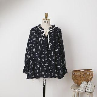 Long-sleeve Tie-front Floral Top