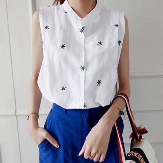 Mandarin-collar Sleeveless Patterned Blouse