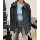 Collared Buttoned Pleather Jacket Charcoal Gray - One Size