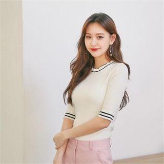 Contrast-trim Elbow-sleeve Knit Top
