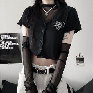 Short-sleeve Heart Embroidered Top / Long-sleeve Mesh Top