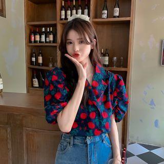 Puff-sleeve Double Breasted Floral Shirt
