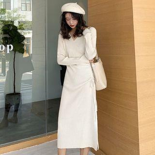 V-neck Drawstring Ribbed Midi Knit Dress