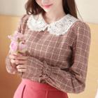 Lace-collar Bell-sleeve Plaid Top