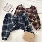 Color-block V-neck Frilled Plaid Puff-sleeve Blouse