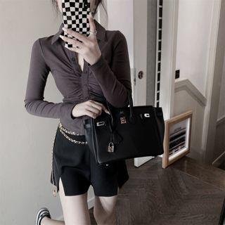 Long-sleeve Collared Fitted Knit Top