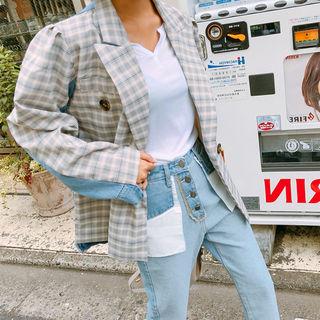 Plaid Denim-back Double-breasted Blazer Blue - One Size