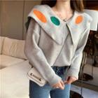Plain Peter-pan Collar Loose-fit Long-sleeve Knit Sweater Gray - One Size
