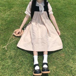 Short-sleeve Tie-neck Blouse / Paneled Midi A-line Pinafore Dress