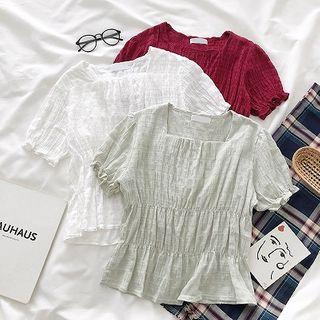 Plain Square-neck Frilled Ruffled-trim Short-sleeve Top