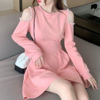 Long-sleeve Cold Shoulder Faux Pearl Trim A-line Dress