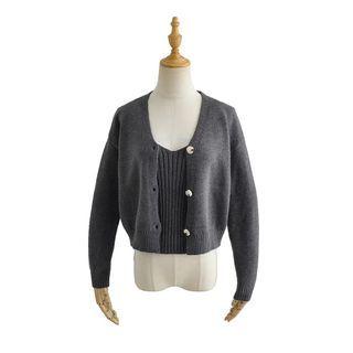Set: V-neck Ribbed Knit Camisole Top + Cardigan