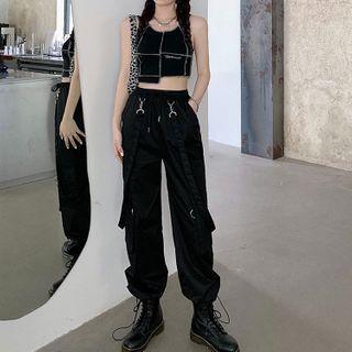 Contrast Stitching Cropped Tank Top / Drawstring-cuff Cargo Pants