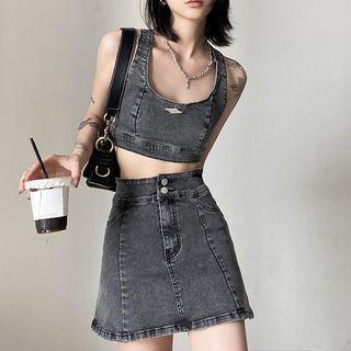 Set: Denim Crop Tank Top + Mini A-line Skirt