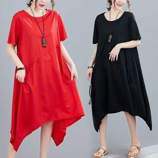 Plain Short-sleeve Asymmetric Drawstring Midi Dress