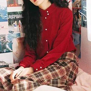 Set: Long-sleeve Shirt + Plaid Midi A-line Skirt