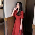 Puff-sleeve V-neck Gathered-waist Dress