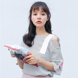 Flower Embroidered Striped Cut Out Shoulder Elbow Sleeve T-shirt