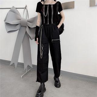 Zip Front Cropped Top / Drawstring Hem Cargo Pants