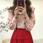 Heart Print Long-sleeve Loose-fit Blouse / Pleated Skirt