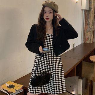 Spaghetti Strap Argyle Mini A-line Dress / Cropped Blazer