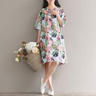 Leaf Print Elbow-sleeve A-line Dress