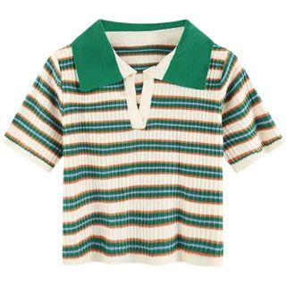 Short-sleeve Stripe Cropped Polo Shirt