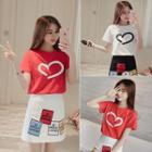 Set: Heart Print Short-sleeve T-shirt + Applique A-line Skirt
