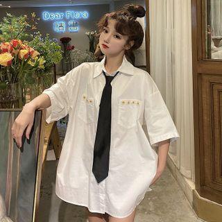 Set: Short-sleeve Floral Embroidered Shirt + Neck Tie With Black Tie - Shirt - White - One Size