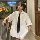 Set: Short-sleeve Floral Embroidered Shirt + Neck Tie With Black Tie - Shirt - White - One Size