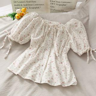 Boatneck Ribbon-accent Floral Crop Blouse