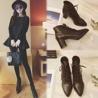 Chunky Heel Pointed Lace Up Ankle Boots