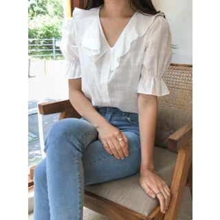 Ruffle-collar Puff-sleeve Blouse