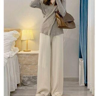 Long-sleeve V-neck Knit Top / Wide Leg Pants