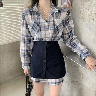 Set: Plaid Shirt + Plaid Button-up Mini Pencil Skirt Blue - One Size