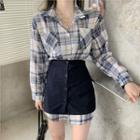 Set: Plaid Shirt + Plaid Button-up Mini Pencil Skirt Blue - One Size