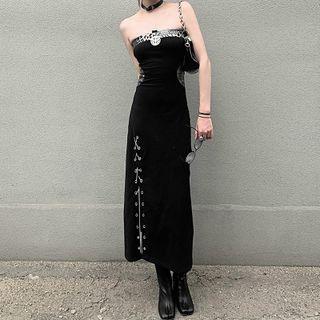 Strapless Grommet Midi A-line Slit Dress