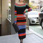 Knit Long-sleeve Stripe Midi Sheath Dress As Shown In Figure - One Size