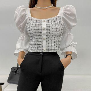 Puff-shoulder Knit-panel Blouse