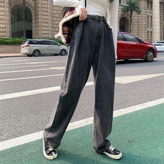Color-block Long-sleeve Slim-fit T-shirt / High-waist Loose-fit Jeans