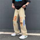 Mid Waist Tie-dyed Distressed Wide Leg Jeans