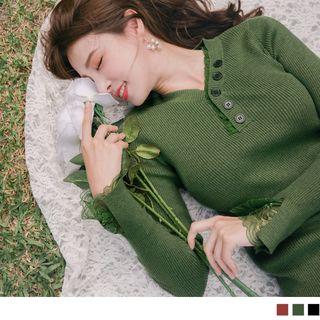 Lace-trim Rib Knit Henley Top