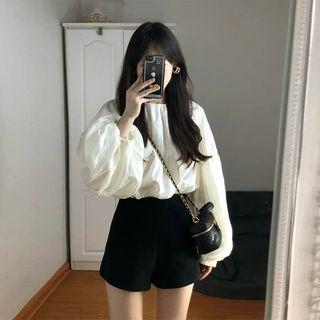 Set: Lantern Sleeve Ruched Blouse + High Waist Plain Shorts