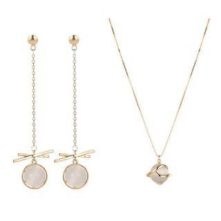 Set: Cat Eye Stone Dangle Earring + Pendant Necklace Set - White Cat Eye Stone - Gold - One Size