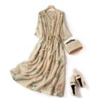 3/4-sleeve Floral Linen Midi A-line Dress