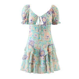 Short-sleeve Floral Print Tiered A-line Dress