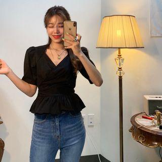 Tie-waist Wrap-front Short-sleeve Blouse