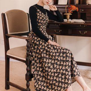 Long-sleeve Mock-tie Knit Top / Spaghetti Strap Floral Midi A-line Dress / Set