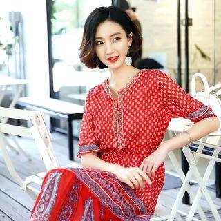 Patterned Drawstring Silk Dress